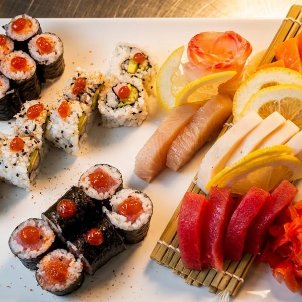 A large white platter filled with various sushi rolls, sashimi, lemon slices, ginger, and wasabi.