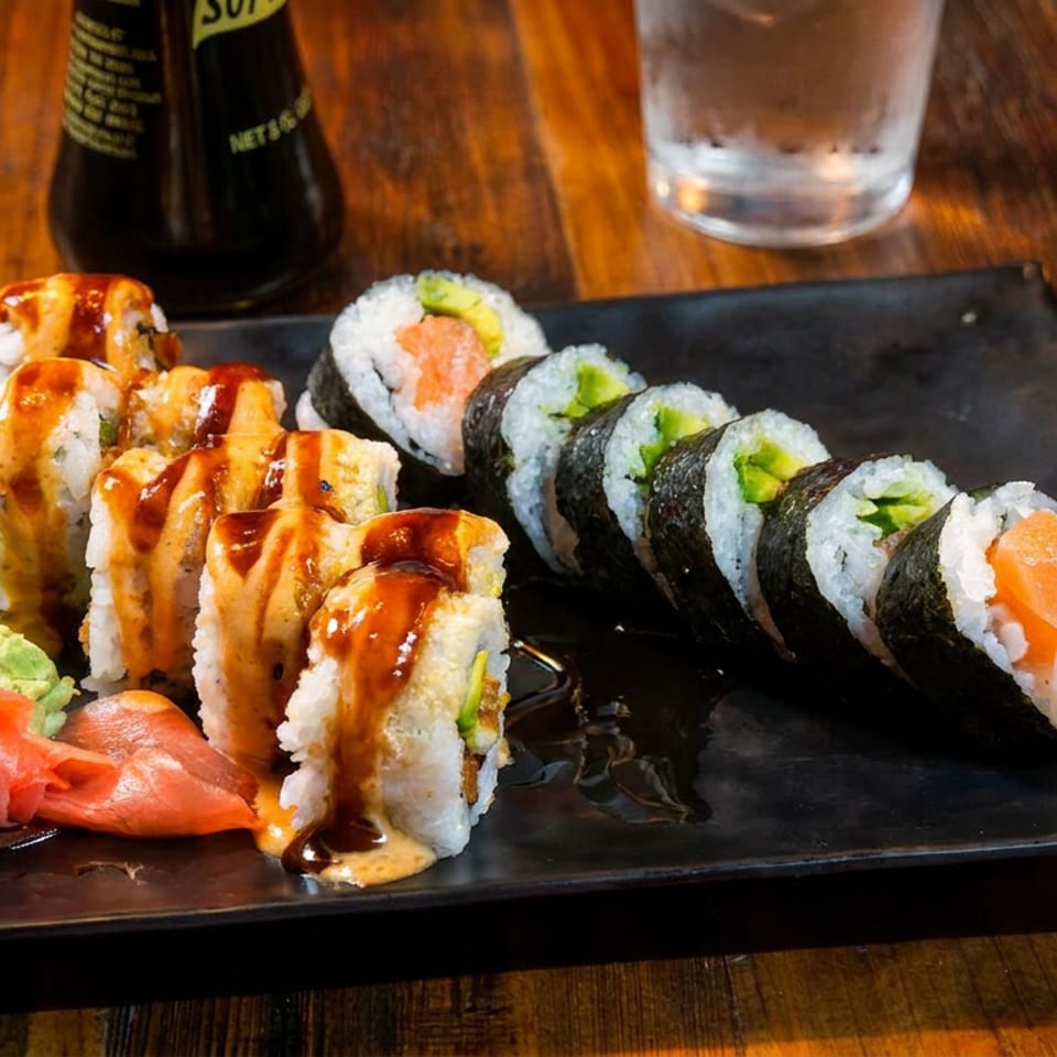A black plate of sushi rolls with salmon, avocado, wasabi, and pickled ginger on a wooden table.
