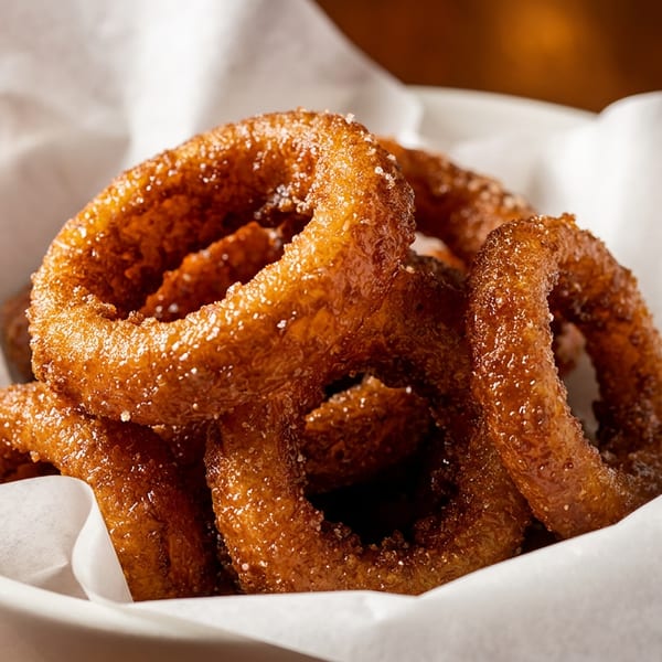 A white bowl filled with crispy, golden-brown onion rings, lightly salted and lined with white paper.